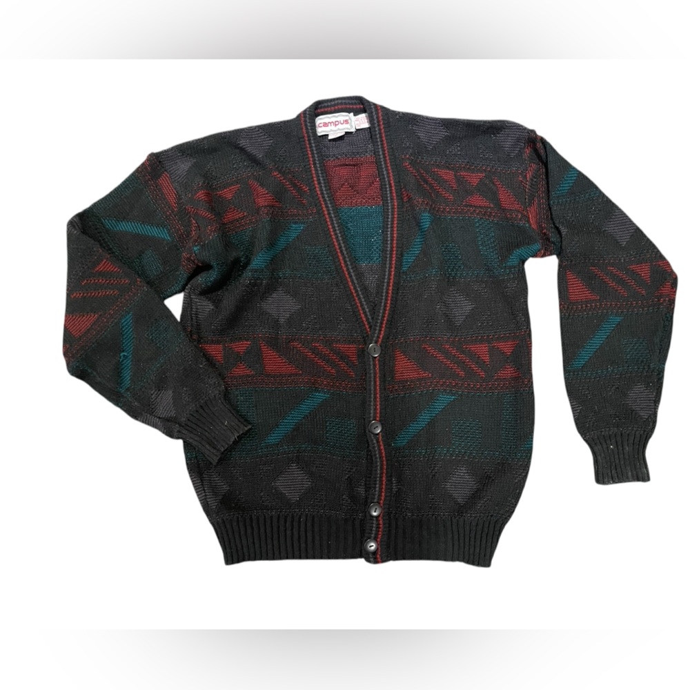 Vintage Campus Cardigan Acrylic Sweater Geometric Pattern Size XL